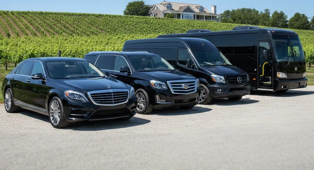 Corporate Fleet Options - Executive Luxury Limousine & Bus Service A fleet of black luxury vehicles lined up outdoors, including a luxury sedan, executive SUV, Mercedes-Benz Sprinter van, and a large party bus.