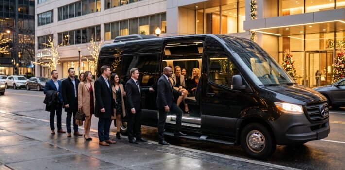 A group of coworkers in formal evening wear boarding a sleek black Mercedes Sprinter limo outside a decorated city building, greeted by a professional chauffeur.