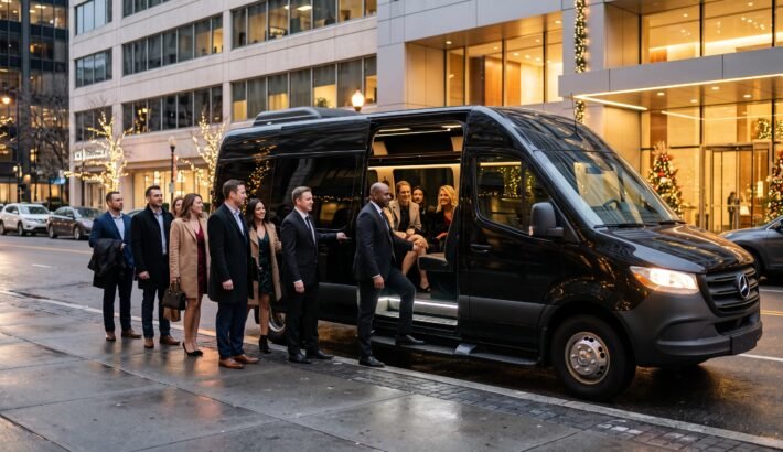 A group of coworkers in formal evening wear boarding a sleek black Mercedes Sprinter limo outside a decorated city building, greeted by a professional chauffeur.
