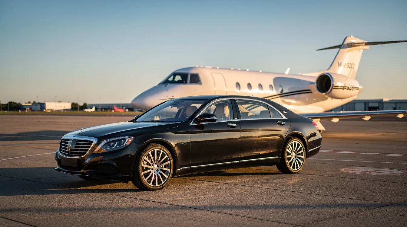 Luxury Mercedes-Benz Sedan at Airport Tarmac with Private Jet Black Mercedes-Benz luxury sedan parked on an airport tarmac next to a private jet — learn what to expect when booking a limo with reliable airport limousine