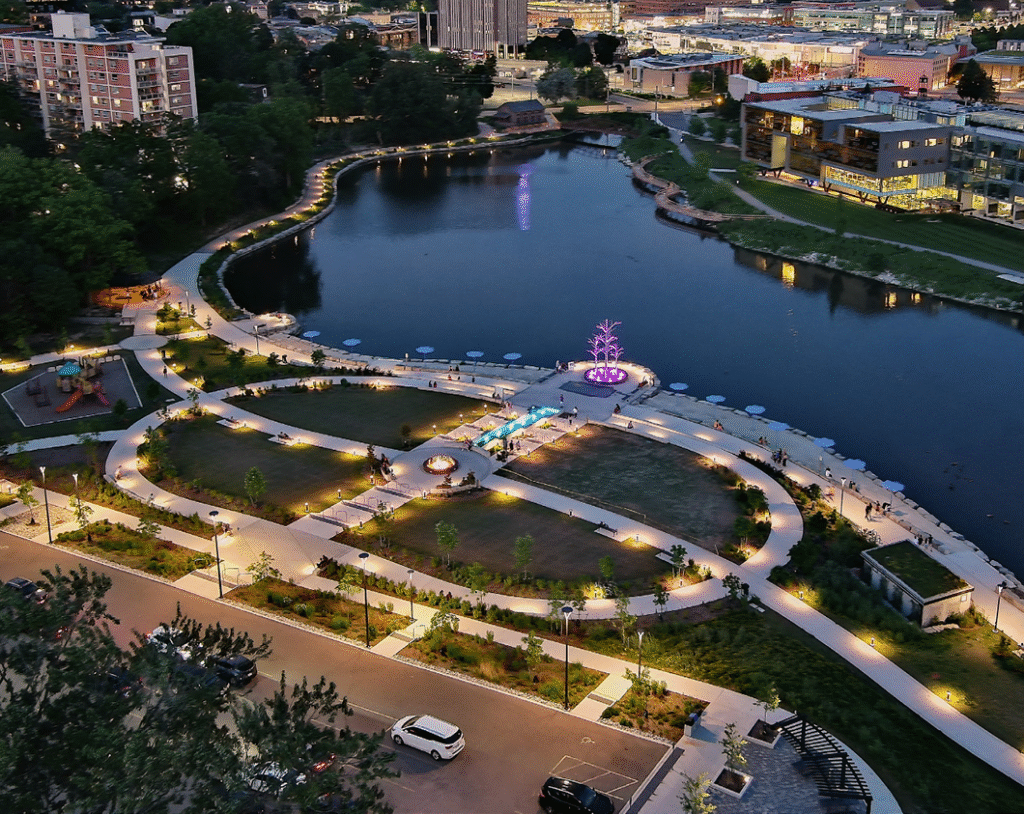 Scenic view of Waterloo Park with walking trails, lake, and greenery