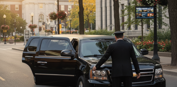 Luxury Waterloo limo service driving past popular city attractions