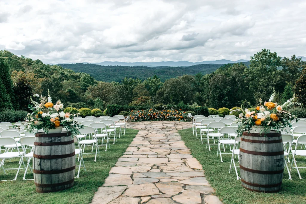 A scenic wedding or event setup at Blue Mountain with decorated seating, natural backdrops, and elegant outdoor arrangements.