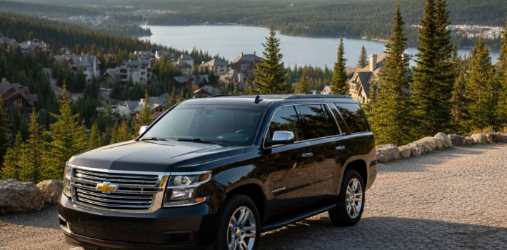 A sleek black Chevrolet Suburban parked on a scenic overlook at Blue Mountain with a mountain range and lake in the background.