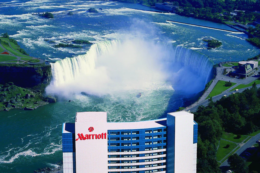 Exterior view of Marriott Fallsview Hotel overlooking Niagara Falls with modern architecture