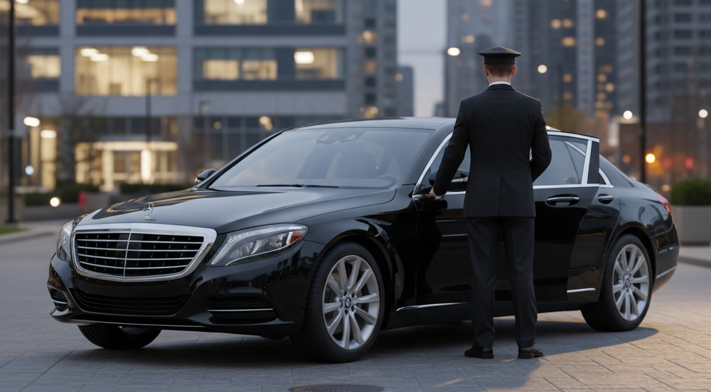 A sleek black executive sedan parked in front of a modern glass corporate building, with a professional chauffeur in a suit standing by the open door with his back to the camera.