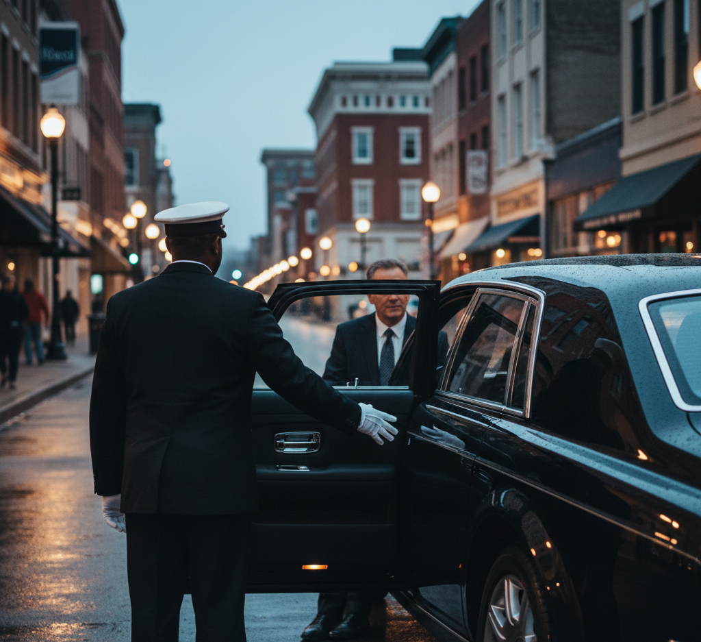 A rear view of a chauffeur wearing a black uniform, white cap, and white gloves, holding open the door of a black luxury car. A male client in a suit is seen through the open door. The scene takes place on a wet city street in Huntsville with glowing streetlights and brick buildings in the background.