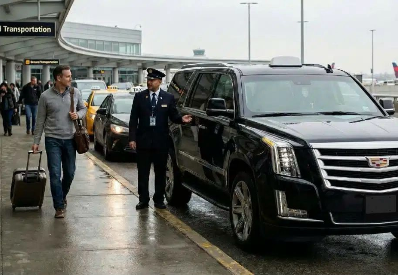 Chauffeur-Driven-Airport-Limo-Canada-Service A professional uniformed chauffeur opening the door of a black luxury Cadillac Escalade SUV for a male traveler with a suitcase at a busy Canadian airport ground transportation hub.