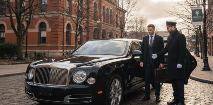 A professional chauffeur in a black coat and cap holds open the rear door of a sleek, black luxury sedan for a male client in a business suit. They are parked on a cobblestone street in front of the historic red-brick Old City Hall in St. Catharines, Ontario.
