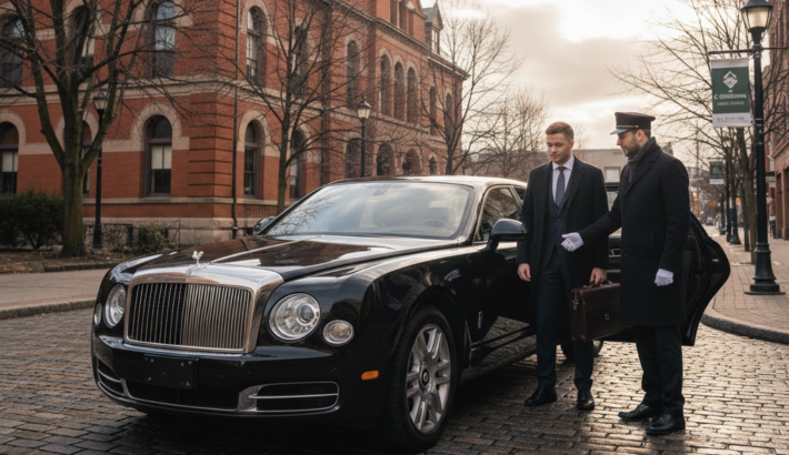 A professional chauffeur in a black coat and cap holds open the rear door of a sleek, black luxury sedan for a male client in a business suit. They are parked on a cobblestone street in front of the historic red-brick Old City Hall in St. Catharines, Ontario.