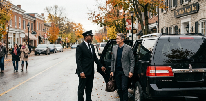 male chauffeur in a formal black suit and cap opening the door of a black luxury SUV for a male client on a historic street in Niagara-on-the-Lake, Canada.
