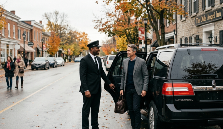 male chauffeur in a formal black suit and cap opening the door of a black luxury SUV for a male client on a historic street in Niagara-on-the-Lake, Canada.