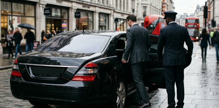 A rear-view shot of a black luxury sedan parked on a rainy city street. A chauffeur in a formal uniform and cap holds the rear door open for a male client in a grey suit who is stepping into the vehicle. Neither of their faces is visible.