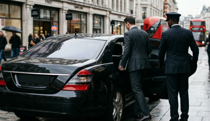 A rear-view shot of a black luxury sedan parked on a rainy city street. A chauffeur in a formal uniform and cap holds the rear door open for a male client in a grey suit who is stepping into the vehicle. Neither of their faces is visible.
