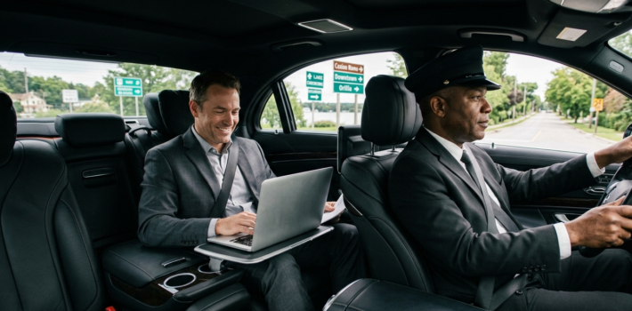 Luxury Orillia limo service near Casino Rama and Airport Transfers. Interior view of a luxury black car traveling through Orillia, Canada; a professional male chauffeur in uniform drives while a male client sits happily in the backseat working on a laptop.