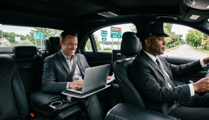 Luxury Orillia limo service near Casino Rama and Airport Transfers. Interior view of a luxury black car traveling through Orillia, Canada; a professional male chauffeur in uniform drives while a male client sits happily in the backseat working on a laptop.