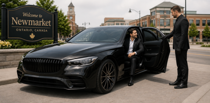 Luxury black car service in Newmarket Canada with male chauffeur assisting male client beside a premium black sedan