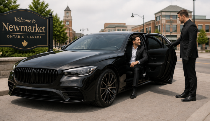 Luxury black car service in Newmarket Canada with male chauffeur assisting male client beside a premium black sedan