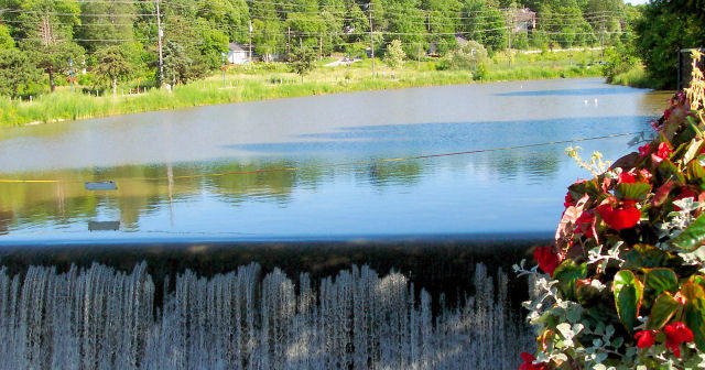 Fairy Lake Park Newmarket Ontario Canada with calm water, small waterfall, greenery, and red flowers in foreground